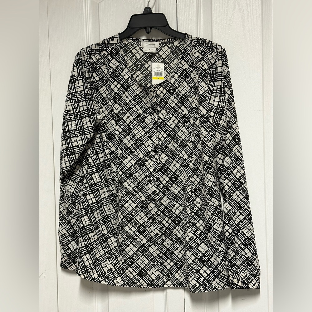 Van Heusen Tunic Top Blouse Womens Black White Print Long Sleeve Polyester Sz M